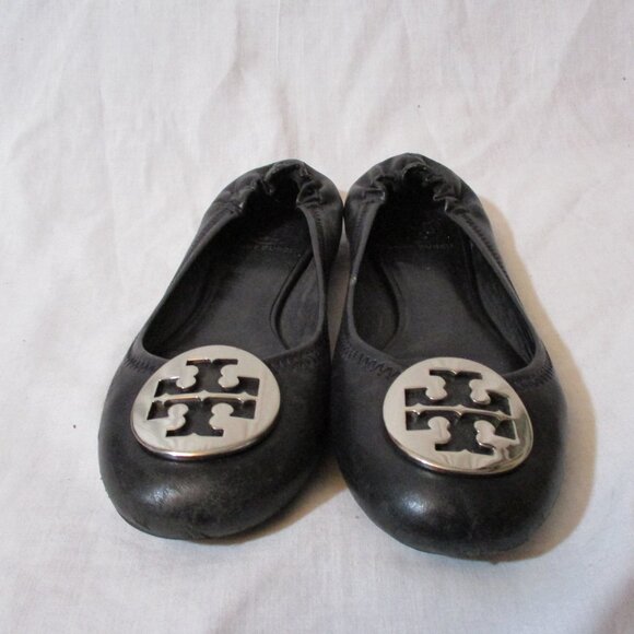Womens TORY BURCH REVA Leather Ballet Flats Slip On Shoes 7.5 BLACK Signature - Picture 5 of 8